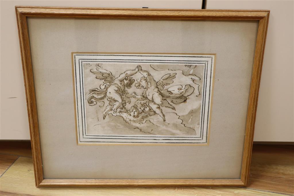 18th century Venetian School, ink and wash, Amorini in clouds, 13 x 20cm